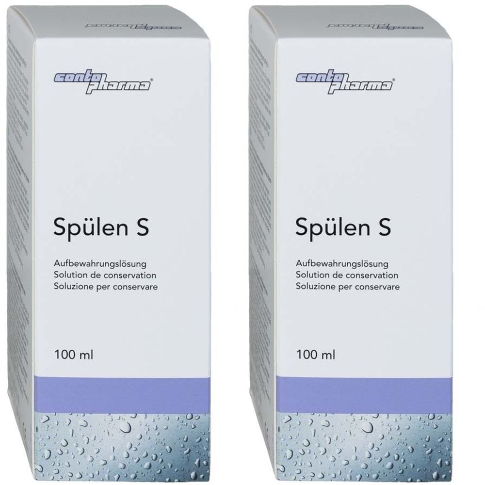 Deux boîtes blanches avec le nom du produit Spülen S. Inscription : Solution de conservation, 100 ml. Marque : contopharma.
