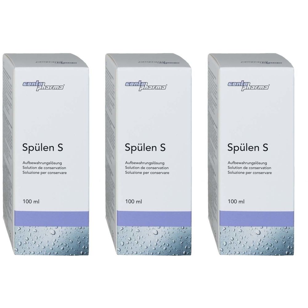 Trois boîtes blanches avec l'inscription Spülen S. Texte en allemand, français et italien. En bas, 100 ml.