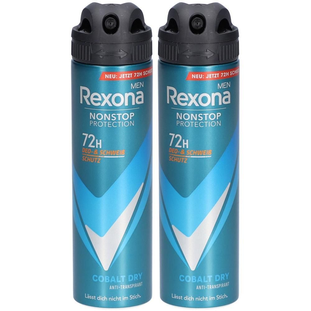 Twee Rexona Men deodorantbussen. Blauw, met zwarte spuitkop. Tekst: Nonstop Protection, 72H, Cobalt Dry.