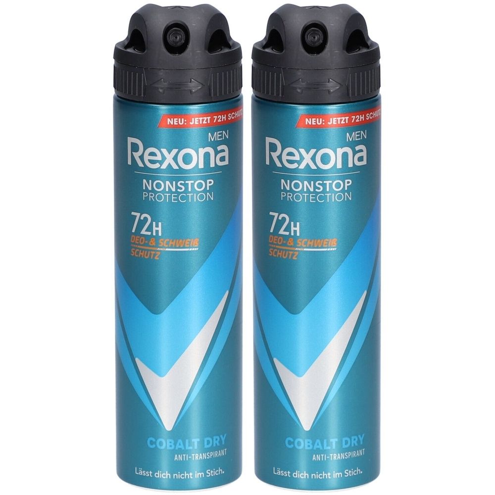 Twee Rexona Men deodorantbussen. Blauw, met zwarte spuitkop. Tekst: Nonstop Protection, 72H, Cobalt Dry.