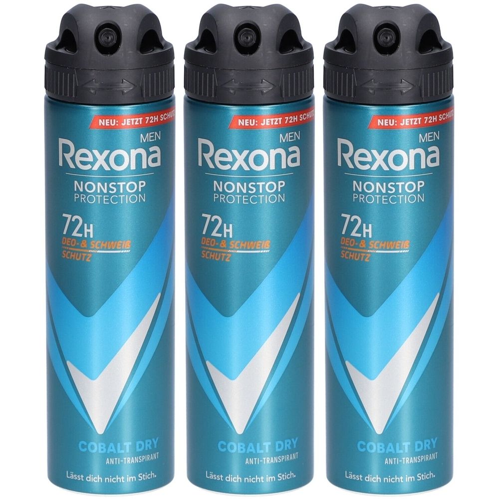 Trois aérosols Rexona Men. Bleu, avec tête noire. Texte: Nonstop Protection, 72h, Cobalt Dry.