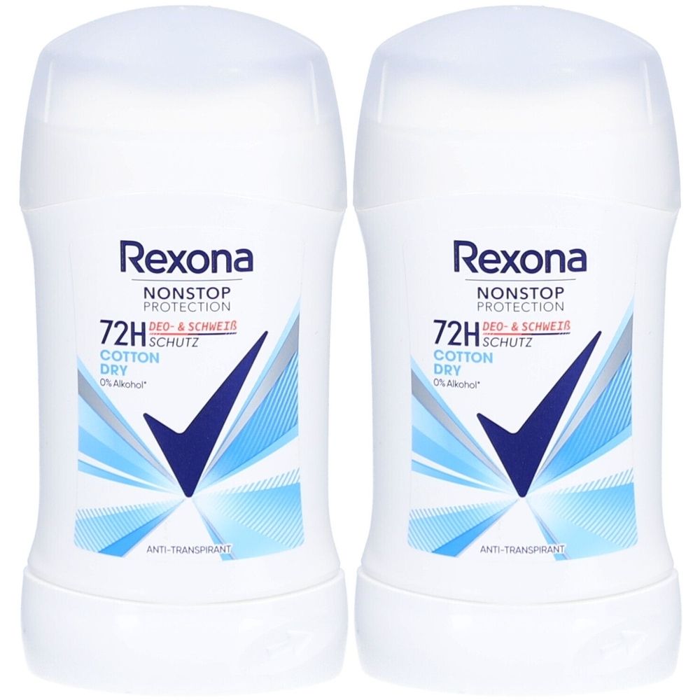 Deux sticks déodorants blancs. Inscriptions bleues et noires: Rexona, Nonstop Protection, 72H Schutz, Cotton Dry.