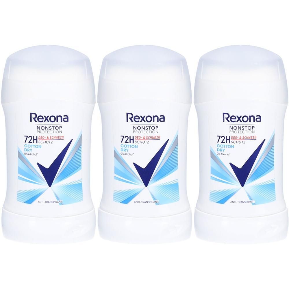 Drie witte deodorantsticks met blauwe afbeelding en tekst. Zichtbaar: Rexona, Nonstop Protection, 72H Schutz, Cotton Dry.