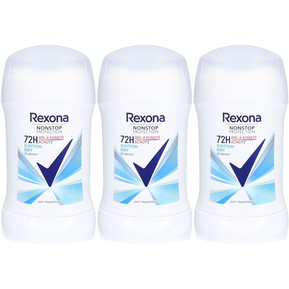 Trois sticks déodorants blancs avec graphisme bleu et texte. Visible : Rexona, Nonstop Protection, 72H Schutz, Cotton Dry.
