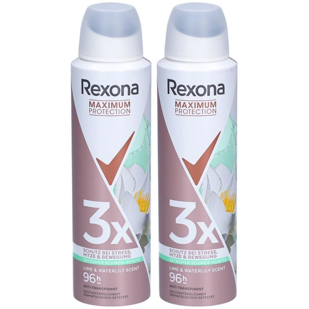 Deux sprays Rexona®. Bouteilles blanc argenté avec des accents vert pâle. Visible : logo, texte "Maximum Protection" et "3x".
