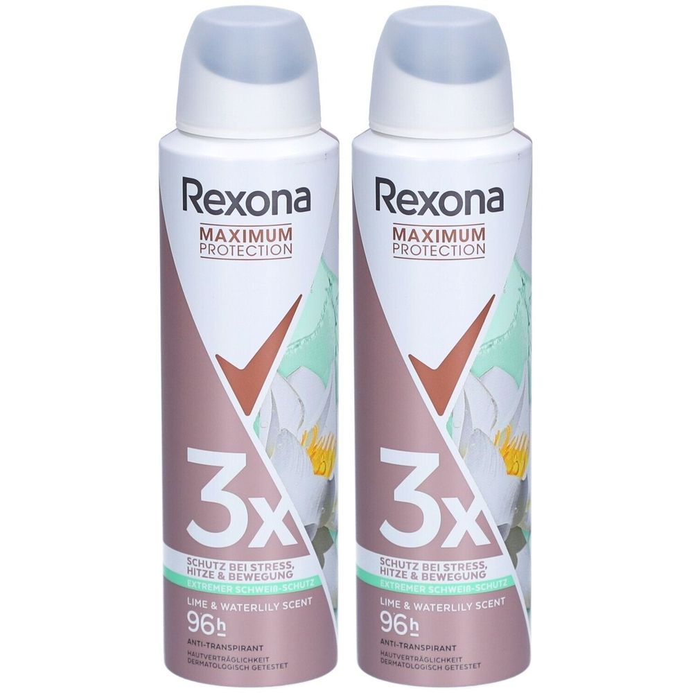 Deux sprays Rexona®. Bouteilles blanc argenté avec des accents vert pâle. Visible : logo, texte "Maximum Protection" et "3x".