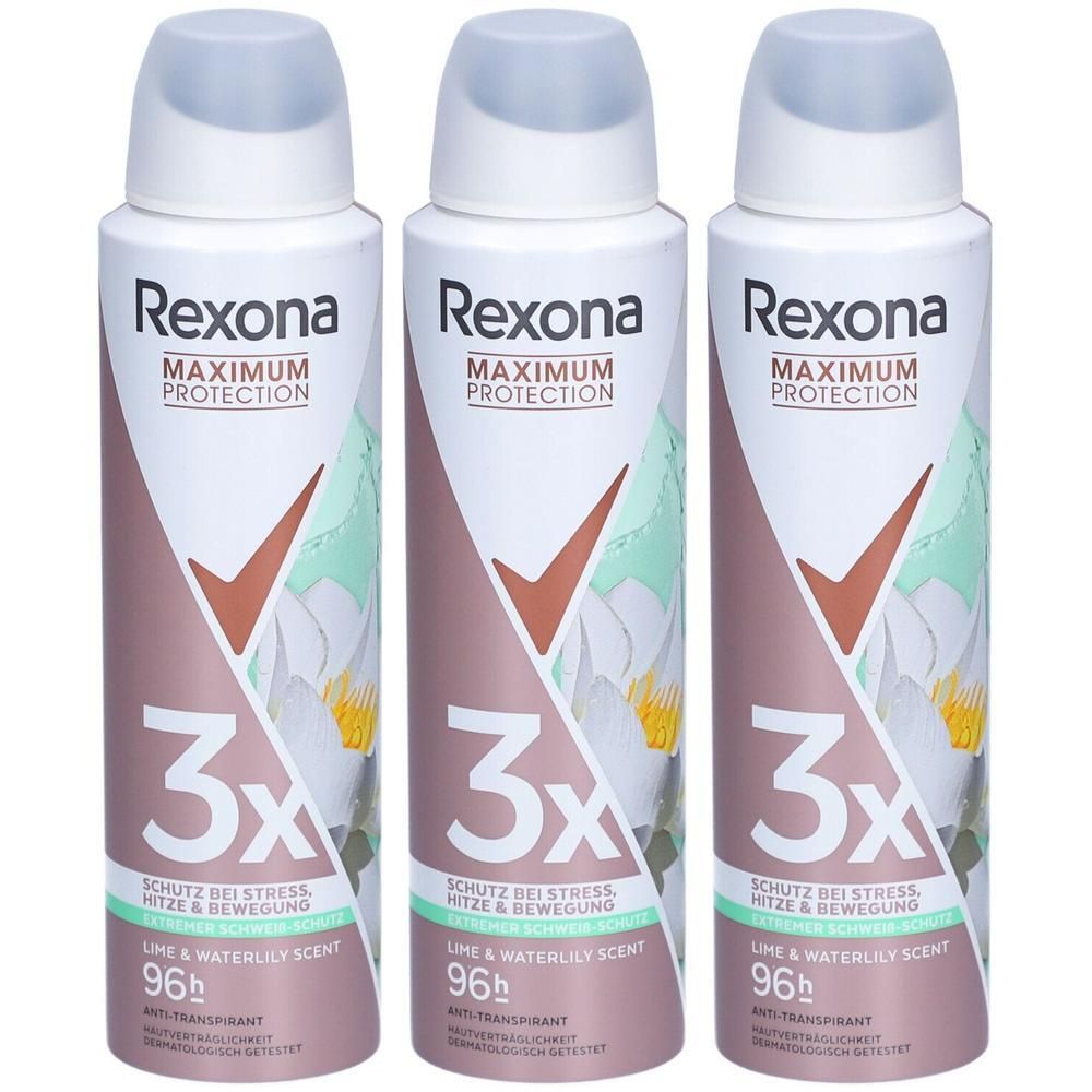 Drie Rexona deo-sprays. Witte en bruine spuitbussen met lichtgroene accenten. Tekst: Rexona, Maximum Protection, 3x, 96h, Lime & Waterlily Scent.