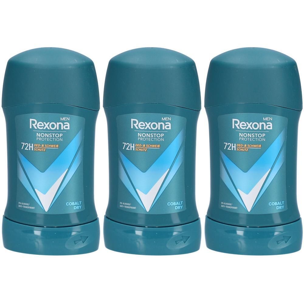 Drie blauwe deodorantsticks. Opschrift: Rexona Men, Nonstop Protection, 72H, Cobalt Dry.