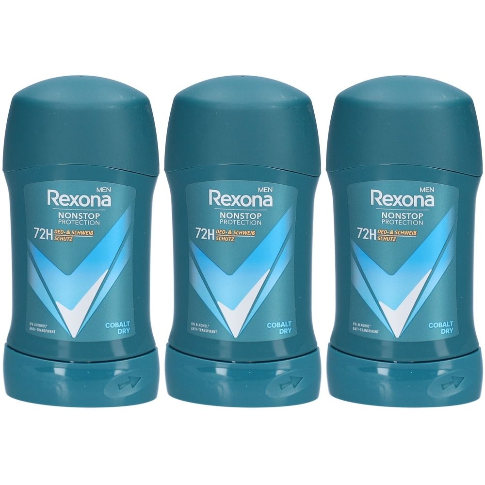Drie blauwe deodorantsticks. Opschrift: Rexona Men, Nonstop Protection, 72H, Cobalt Dry.