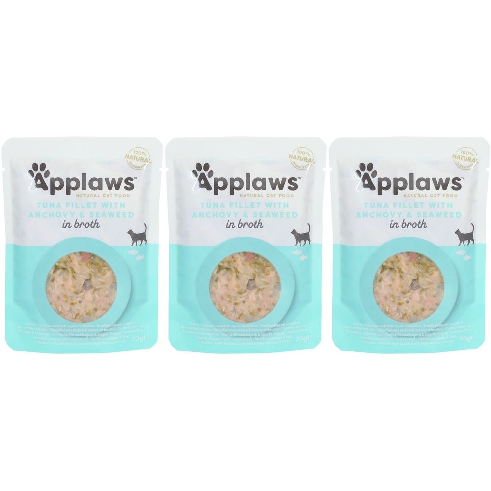 Trois sachets Applaws™ de thon avec anchois en bouillon. Visibles : produit, texte, silhouette de chat, ouverture ronde avec garniture.