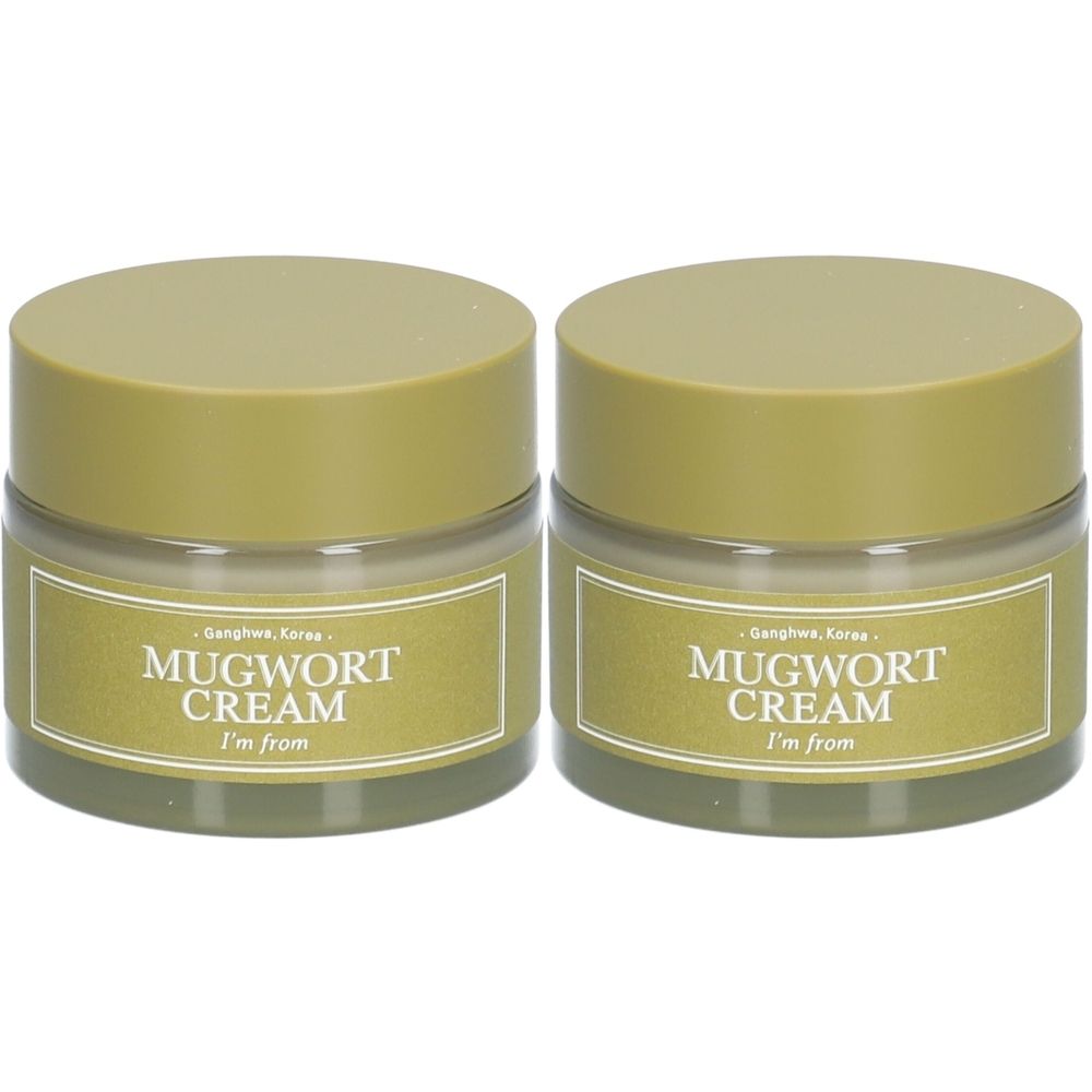 Twee crèmepotten met deksels. De etiketten tonen "Mugwort Cream I'm from". De potten zijn lichtgroen.