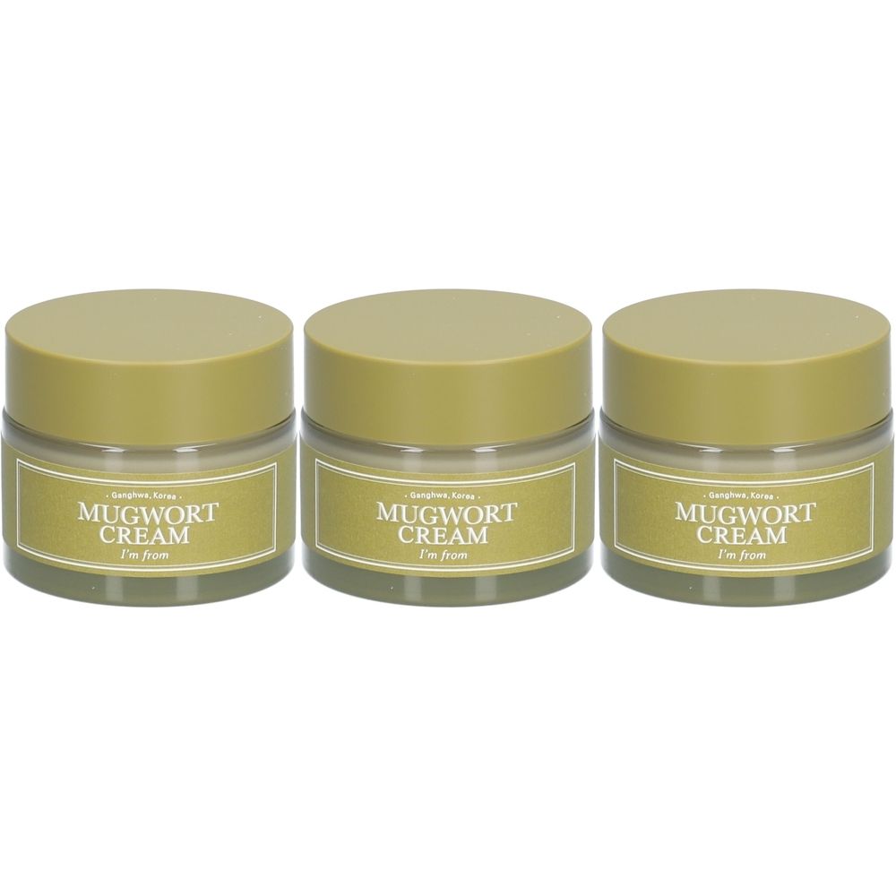 Trois pots de crème avec couvercles. L'étiquette indique "Mugwort Cream".