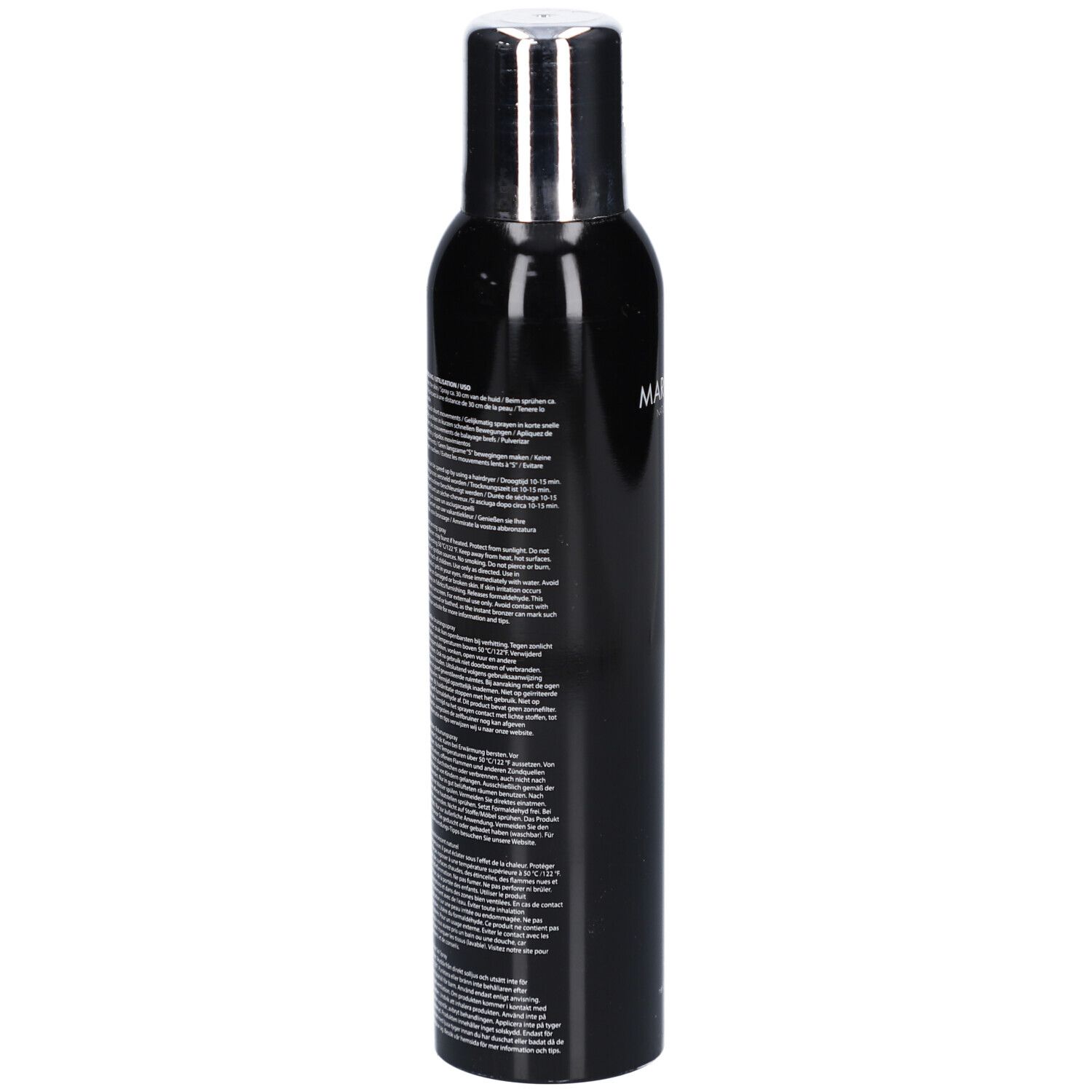 Flacon de spray noir avec bouchon argenté. Texte sur le côté. Étiquette avec texte en plusieurs langues.