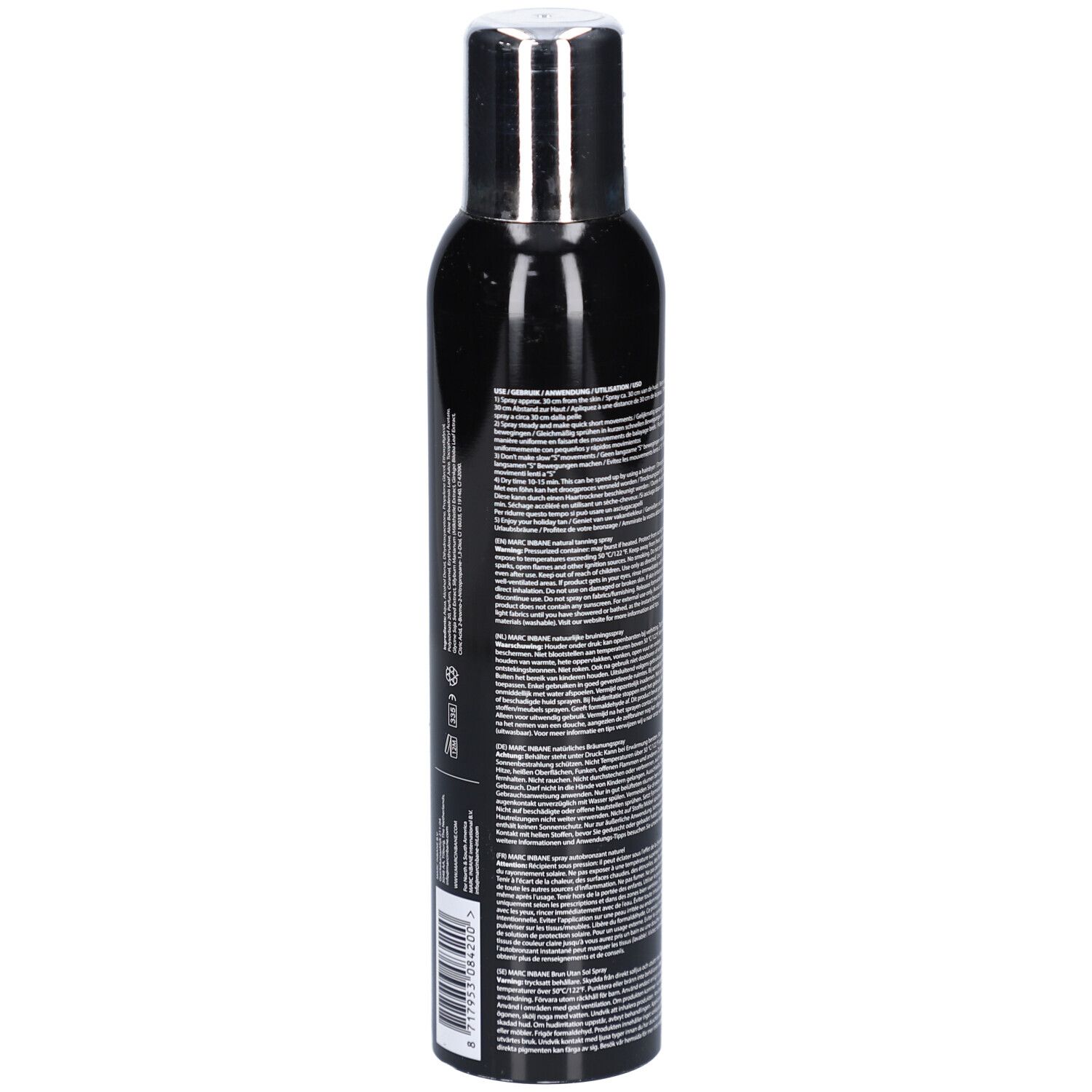 Flacon de spray noir avec bouchon argenté. Texte sur le côté. Étiquette avec texte en plusieurs langues et code-barres.