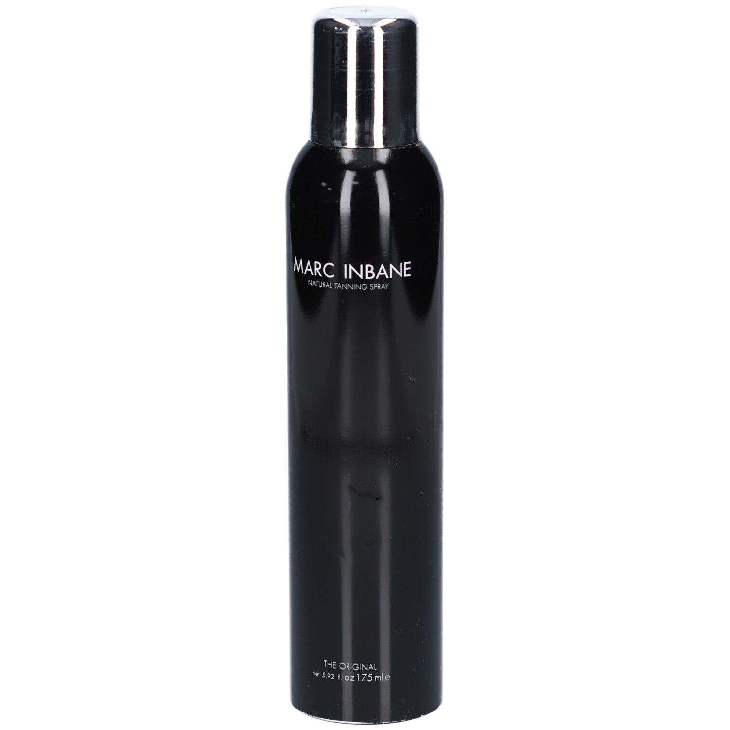 Flacon de spray noir avec bouchon argenté. Inscription : MARC INBANE NATURAL TANNING SPRAY. Sous-titre : THE ORIGINAL.