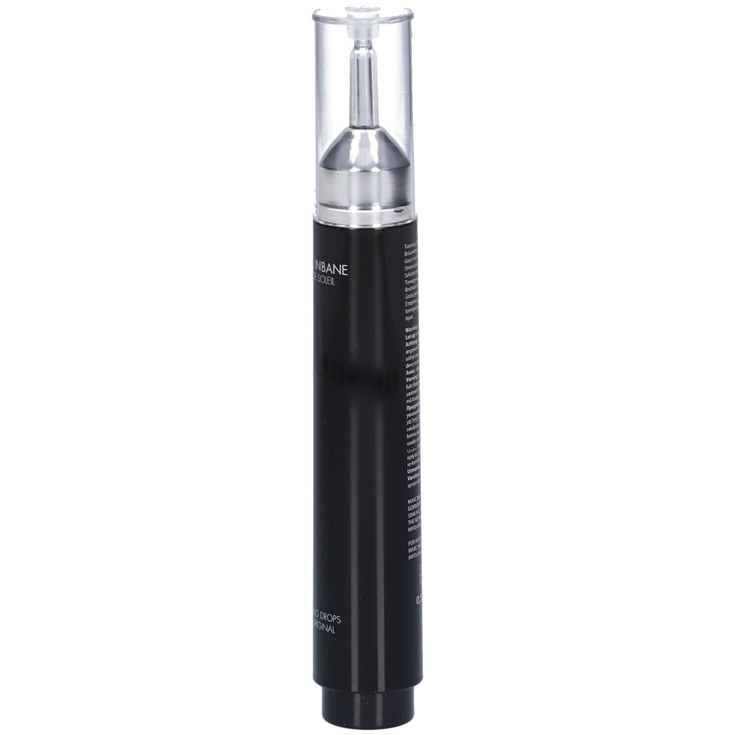 Zwarte fles met zilveren applicator en transparante dop. Tekst op de fles.