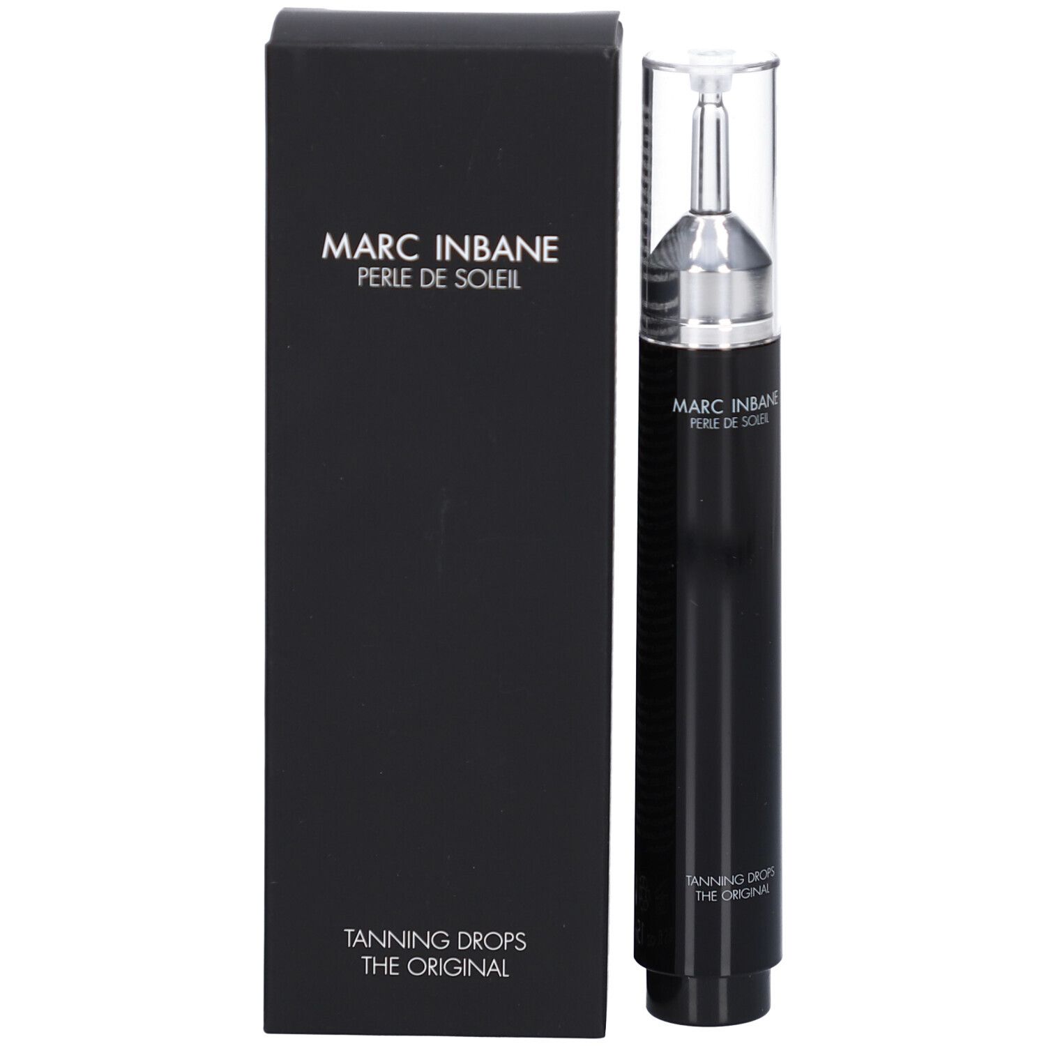Zwarte doos en fles. Op de doos: Marc Inbane, Perle de Soleil. Fles met applicator.