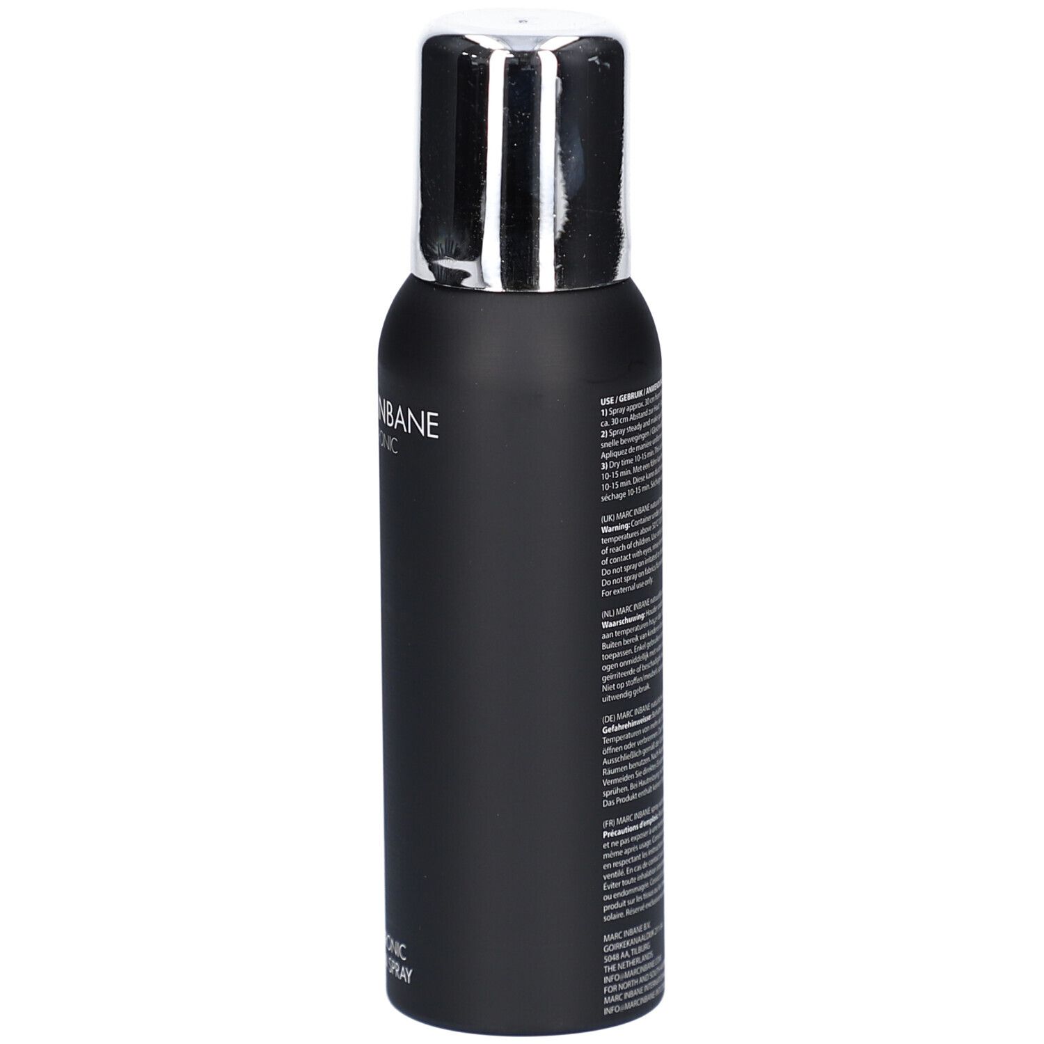 Zwarte spuitfles met zilveren dop. Tekst op de fles. MARC INBANE. Hyaluronic Tanning Spray.