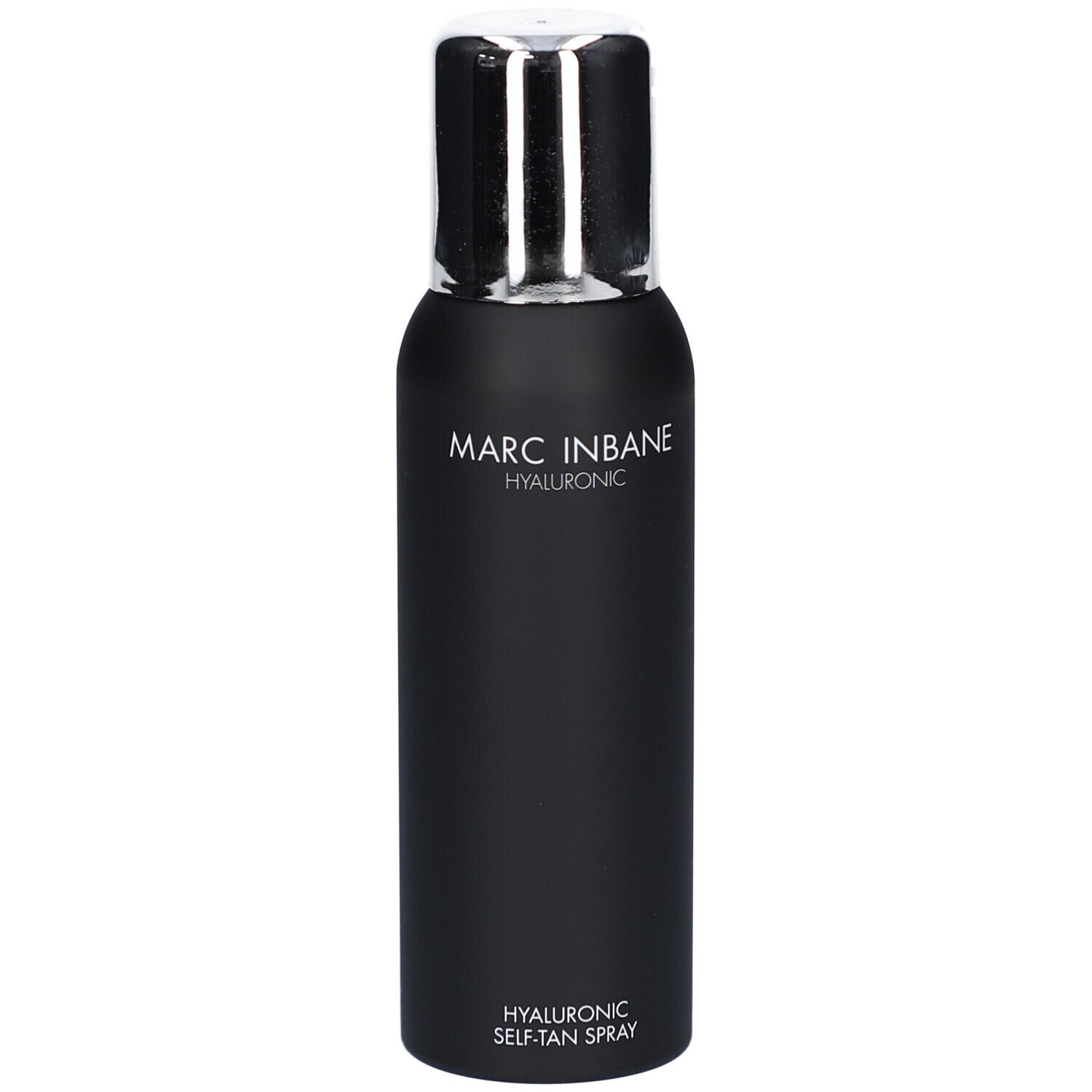 Zwarte spuitfles met zilveren dop. MARC INBANE. Hyaluronic. Hyaluronic Self-Tan Spray.