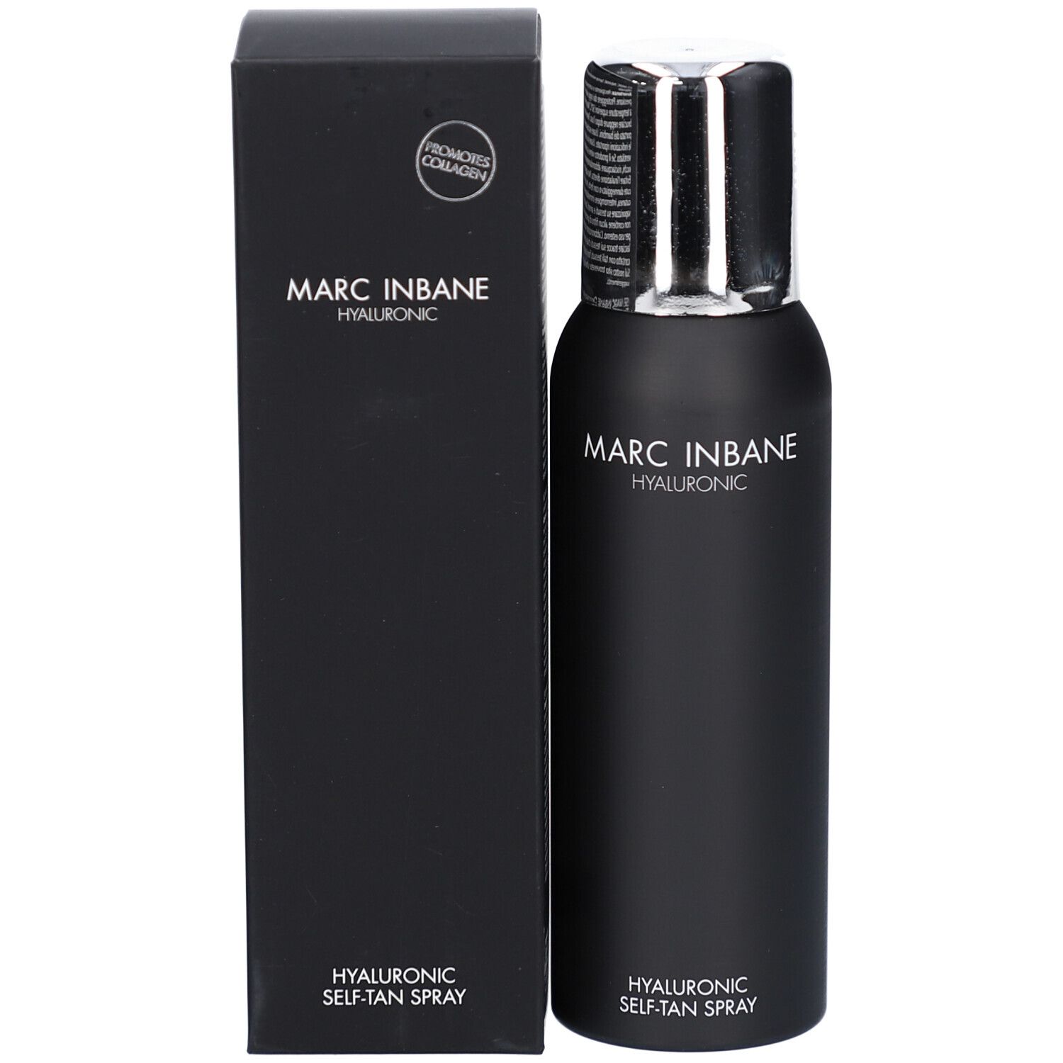Zwarte fles en doos. MARC INBANE. Hyaluronic. Hyaluronic Self-Tan Spray. Bevordert collageen.