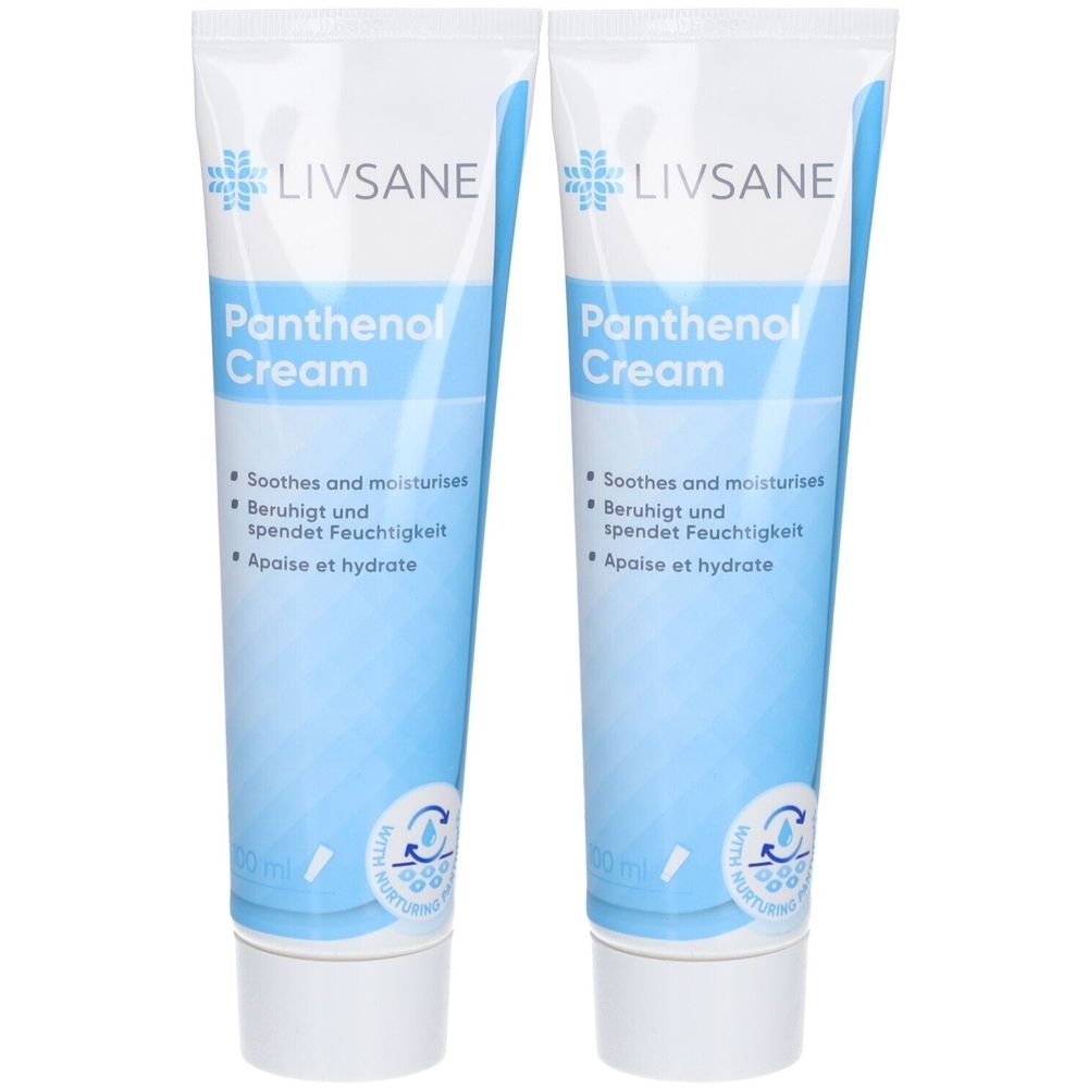 Deux tubes de LIVSANE Panthenol Cream. Emballage bleu et blanc. Inscription: Soothes and moisturises, Beruhigt und spendet Feuchtigkeit, Apaise et hydrate.