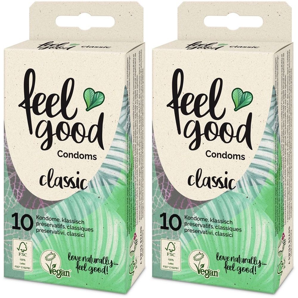 Deux boîtes de préservatifs. Inscription: feel good Condoms classic, 10 pièces. Label FSC, logo Vegan. Texte: love naturally... feel good!
