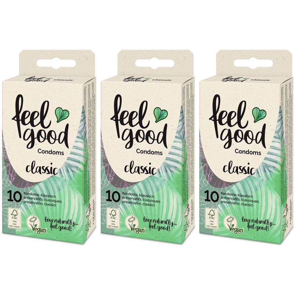 Trois boîtes de préservatifs feel good Condoms classic. Inscription: 10 préservatifs, vegan. Label FSC. Fond rayé vert et blanc.