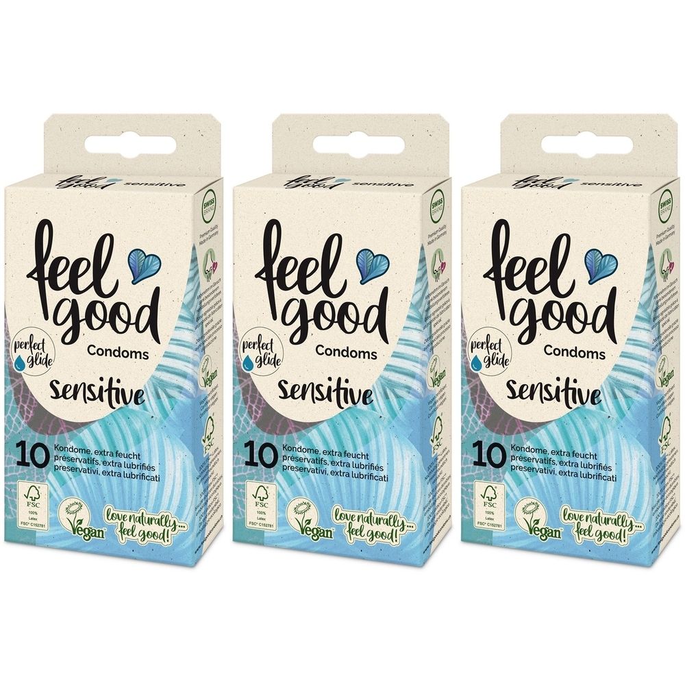 Drie dozen condooms. Opschrift: feel good, sensitive, 10 stuks. Vegan keurmerk.