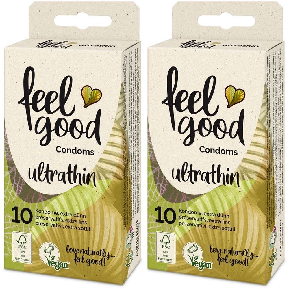 Twee dozen feel good ultrathin condooms. Opschrift: 10 condooms, FSC-keurmerk, Vegan-logo. Tekst in het Duits, Frans en Italiaans.