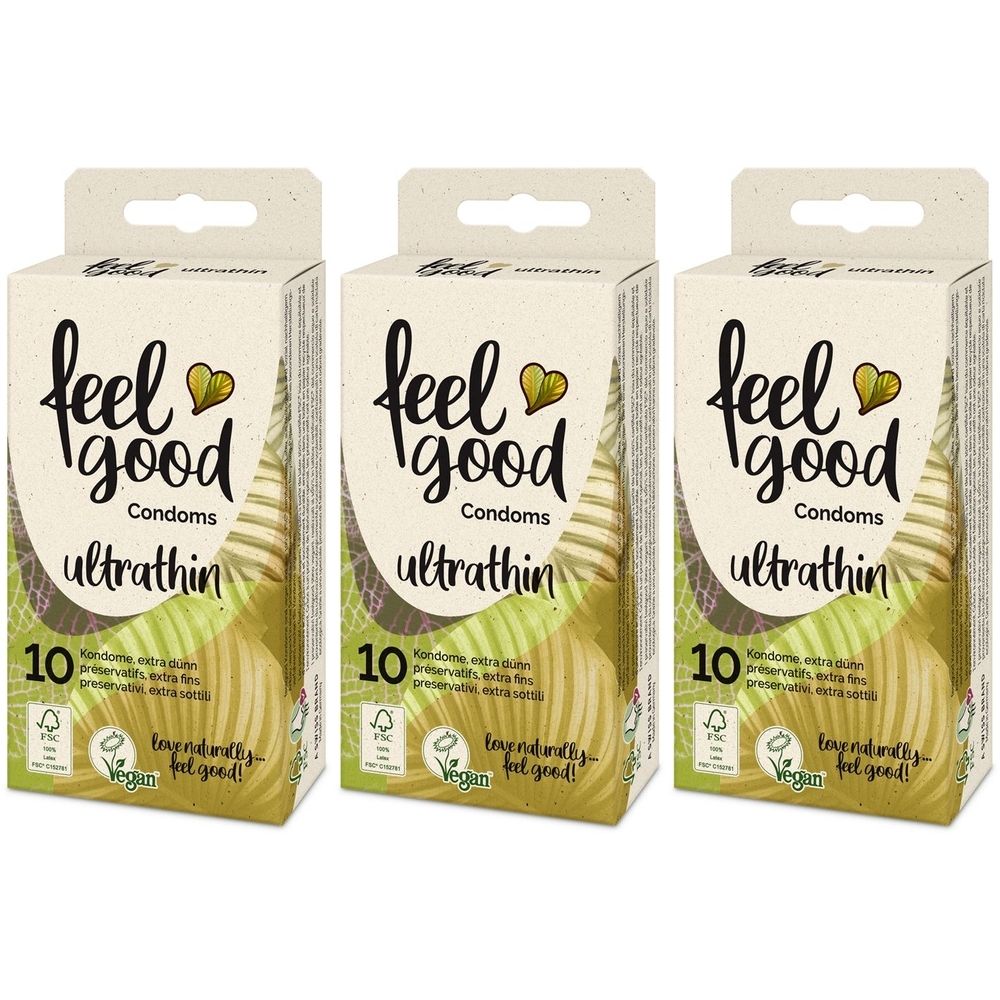 Drie dozen feel good ultrathin condooms. Elke doos bevat 10 condooms. Vegan-keurmerk.