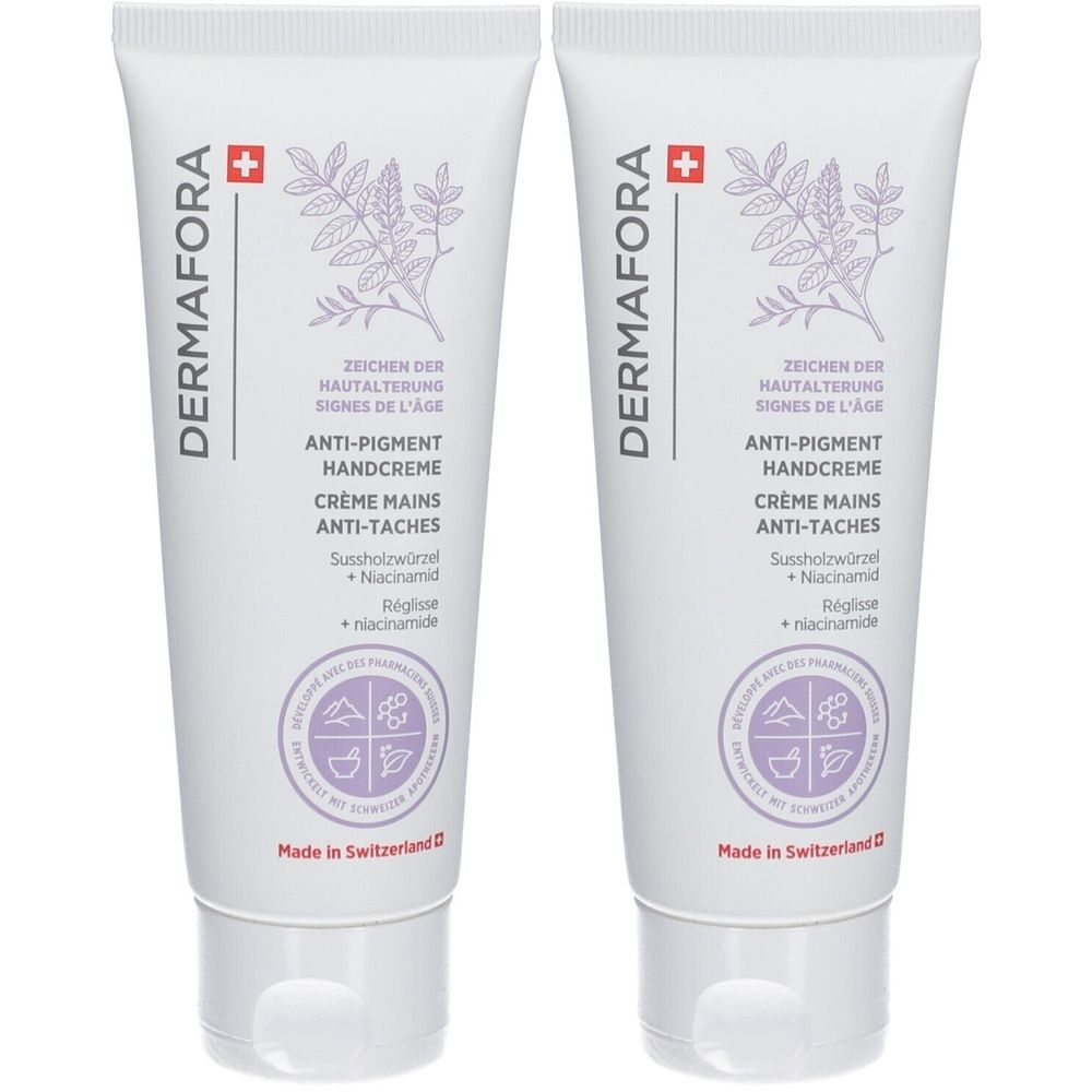 Deux tubes de crème pour les mains. Inscription: Dermafora, Anti-Pigment Handcreme. Croix suisse. Illustration végétale. Texte en allemand et français.
