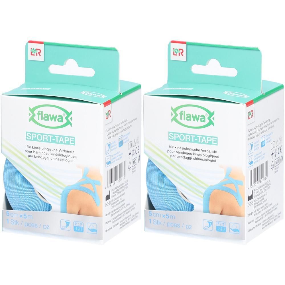 Twee pakken flawa® Sport-Tape, blauw, 5 cm x 5 m.
