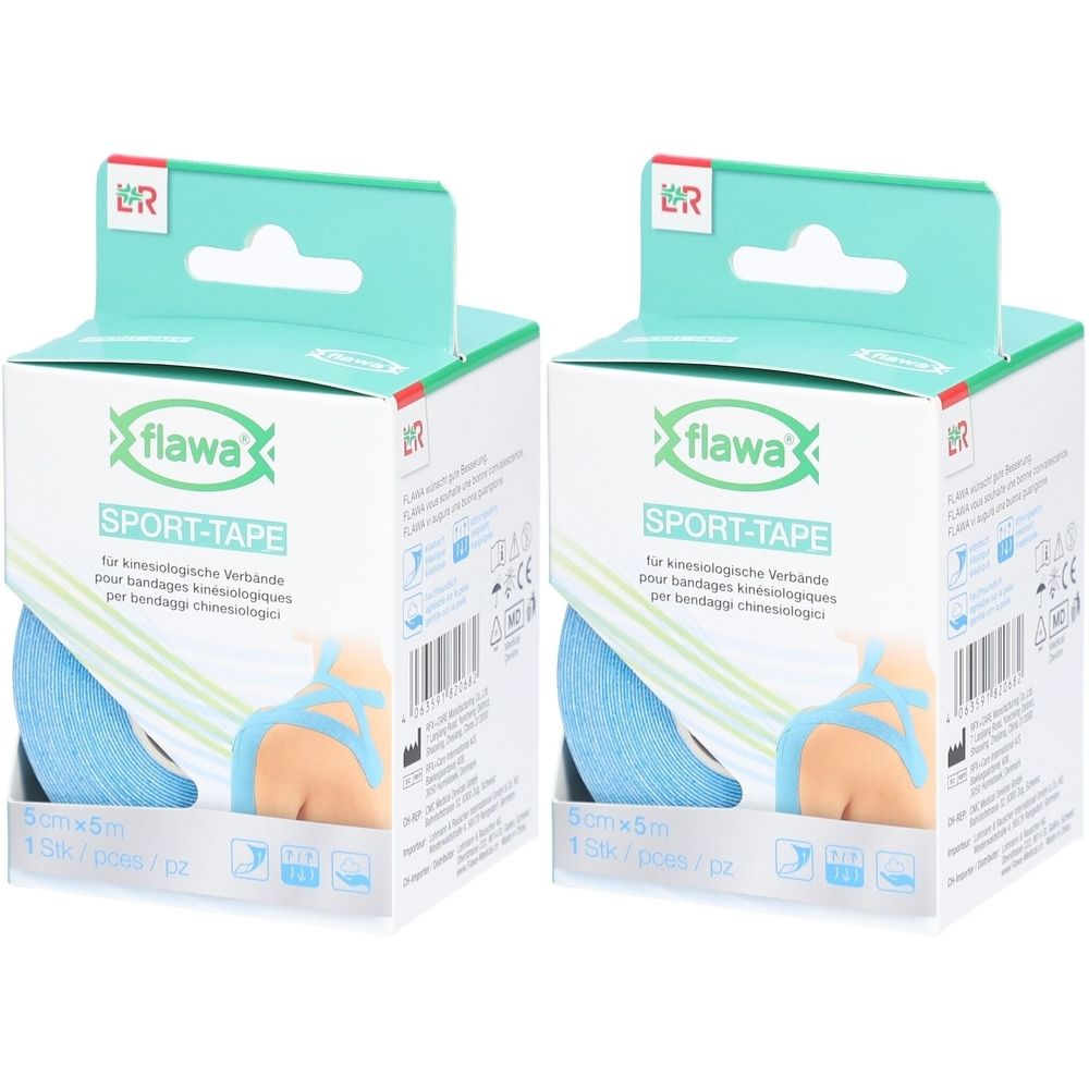 Deux paquets de flawa® Sport-Tape, bleu, 5 cm x 5 m.
