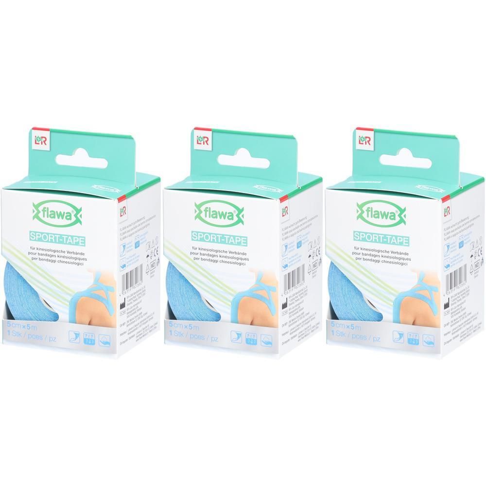 Drie pakken flawa® Sport-Tape voor kinesiologieverbanden, 5 cm x 5 m, blauw.