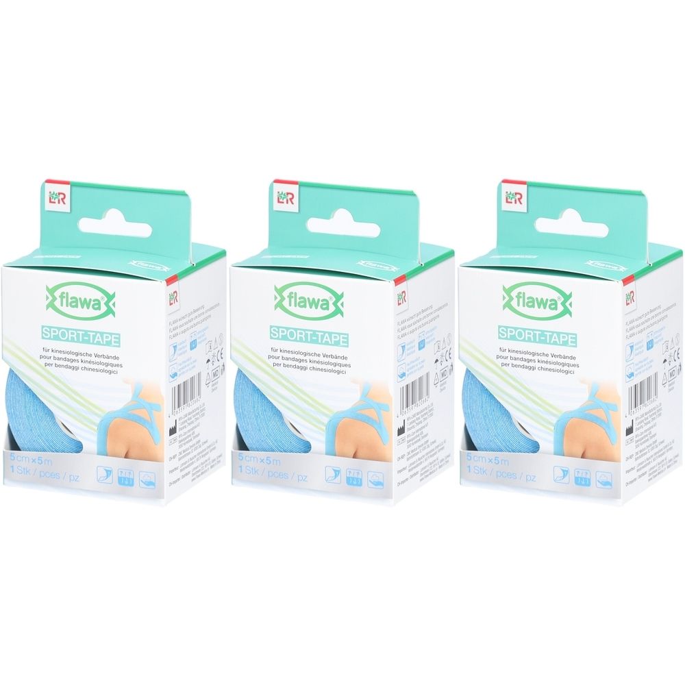 Trois paquets de flawa® Sport-Tape pour bandages de kinésiologie, 5 cm x 5 m, bleu.