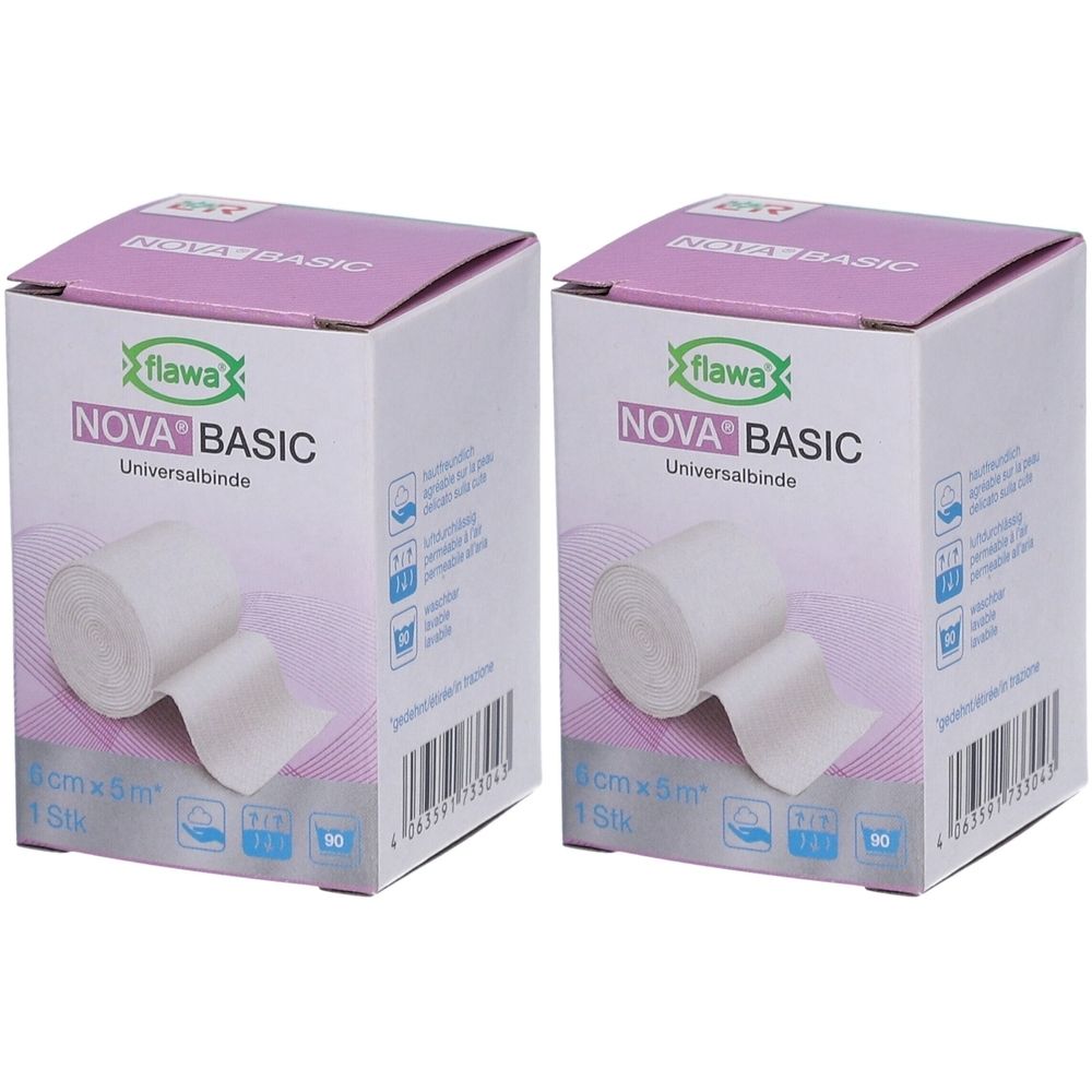 Deux boîtes de bandages élastiques FLAWA Nova Basic, 6 cm x 5 m.