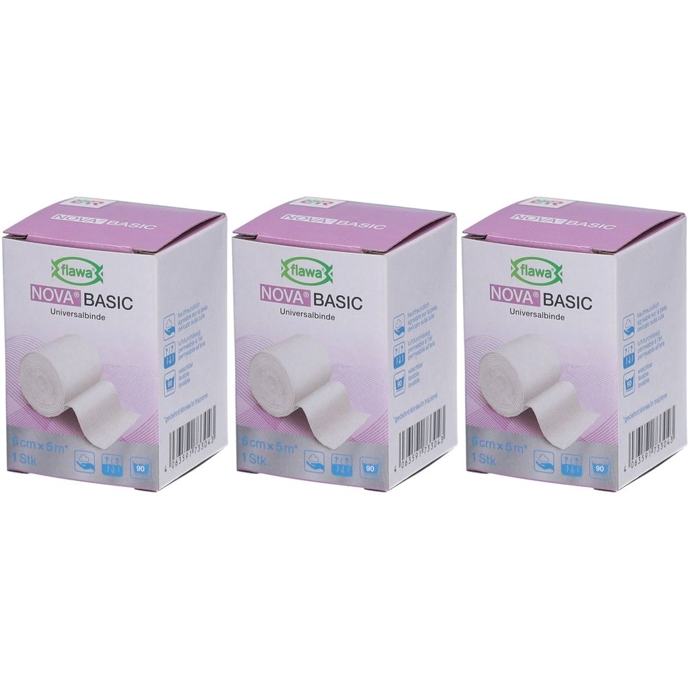 Trois boîtes de bandages élastiques FLAWA Nova Basic, blancs.