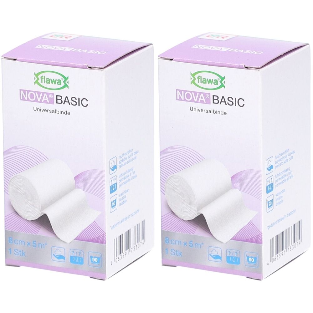 Twee verpakkingen FLAWA Nova Basic verband, 8 cm x 5 m.