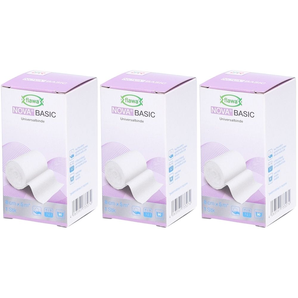 Drie dozen FLAWA Nova Basic verbandgaas, wit, 8 cm x 5 m.
