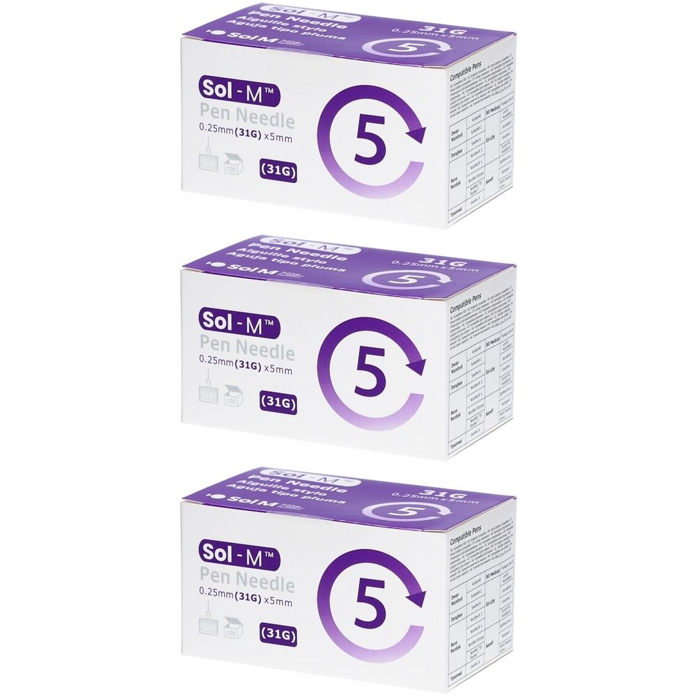 Drie dozen Sol-M Pen Needle. Opschrift: 0,25 mm (31G) x 5 mm. Paarse cirkel met nummer 5. Compatibel.