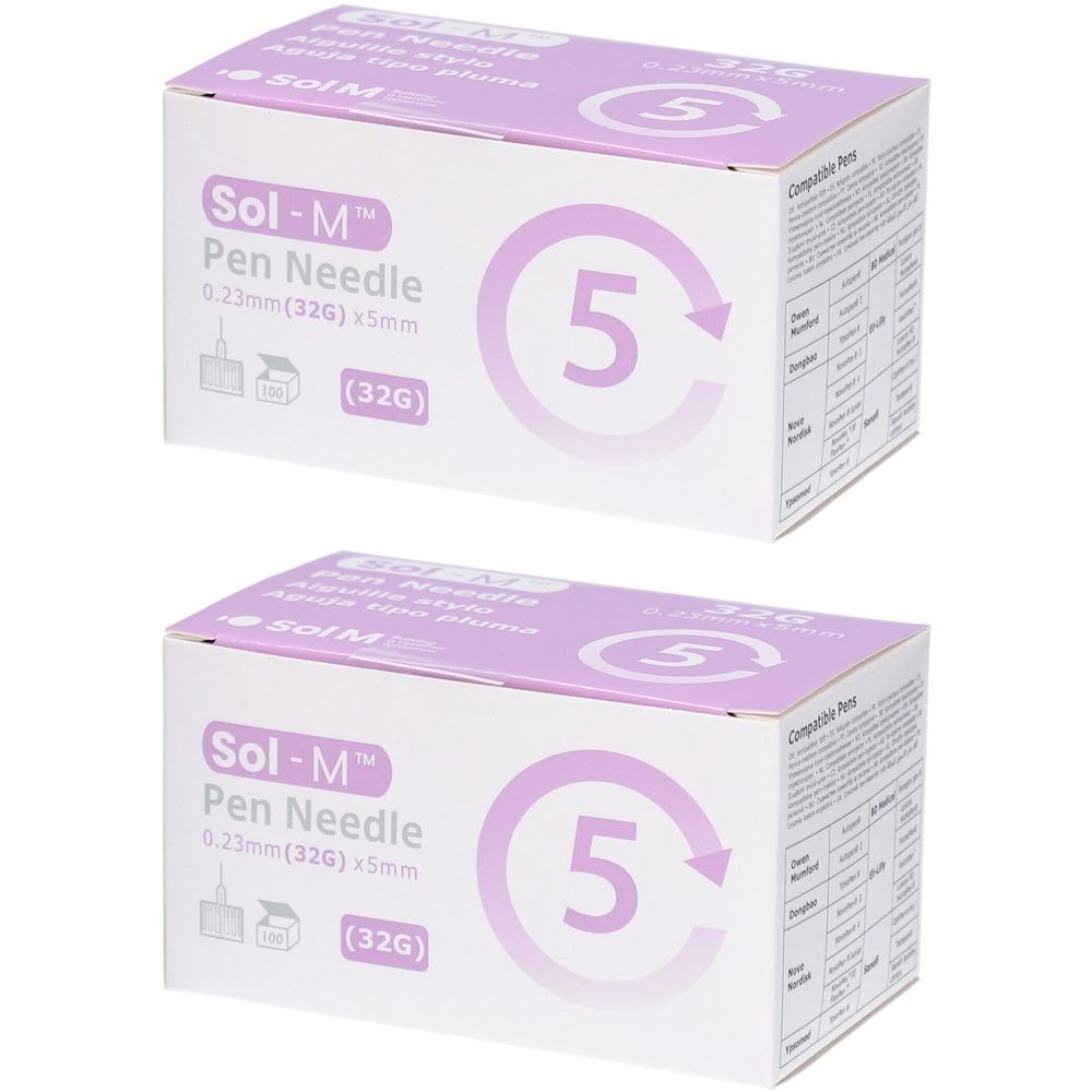 Deux boîtes de Pen Needle. Inscription: Sol-M Pen Needle, 0,23 mm x 5 mm, 32G. Emballage blanc et lilas avec le chiffre 5.