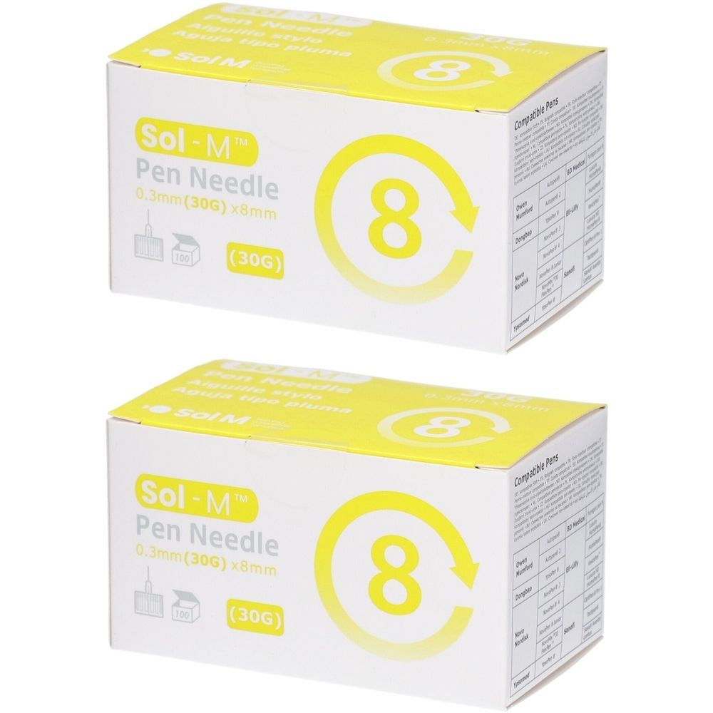 Deux boîtes blanches avec des accents jaunes. Inscription : Sol-M Pen Needle, 0,3 mm x 8 mm. Chiffre jaune 8.