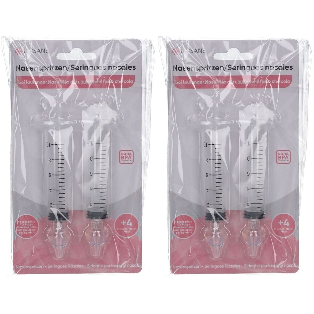 Deux seringues nasales en blister. Inscriptions: SANL, Seringues nasales, sans BPA. Échelle en ml.