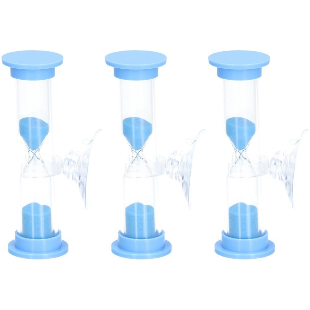 Trois sabliers bleus avec tubes transparents et supports.