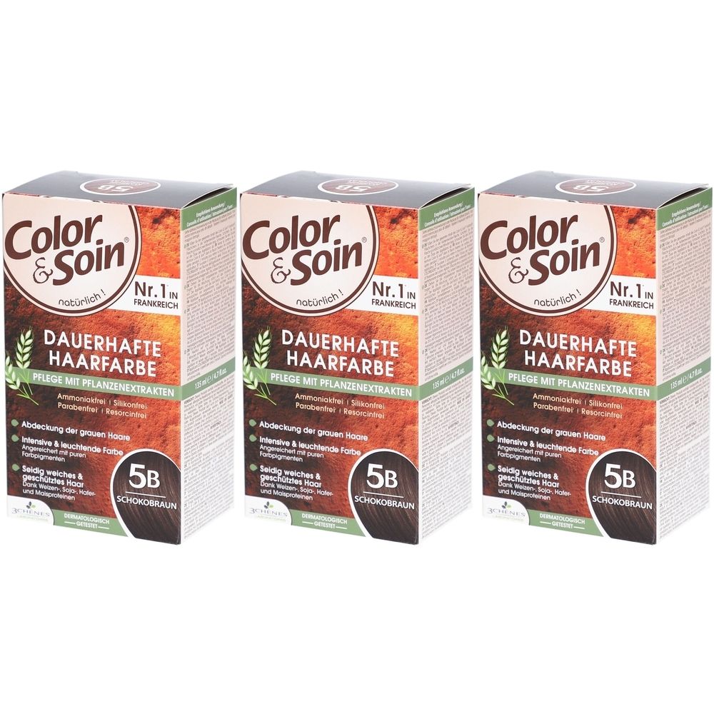 Drie dozen Color & Soin® Permanente Haarkleur 5B Chocoladebruin. Verpakking met productnaam, kleurcode en plantenextracten.