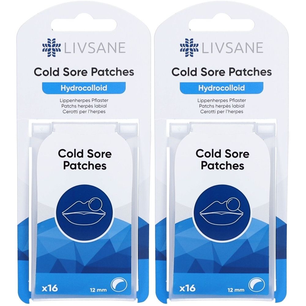 Twee verpakkingen LIVSANE Cold Sore Patches. Elke verpakking bevat 16 pleisters. Opschrift: Hydrocolloïd, 12 mm.