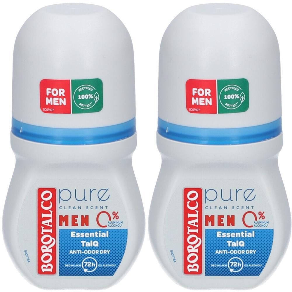 Twee witte roll-on deodorants. Opschriften: BOROTALCO, MEN 0%, Essential TalQ, Anti-Odor Dry. Labels: FOR MEN, 100% Recycled Bottle.