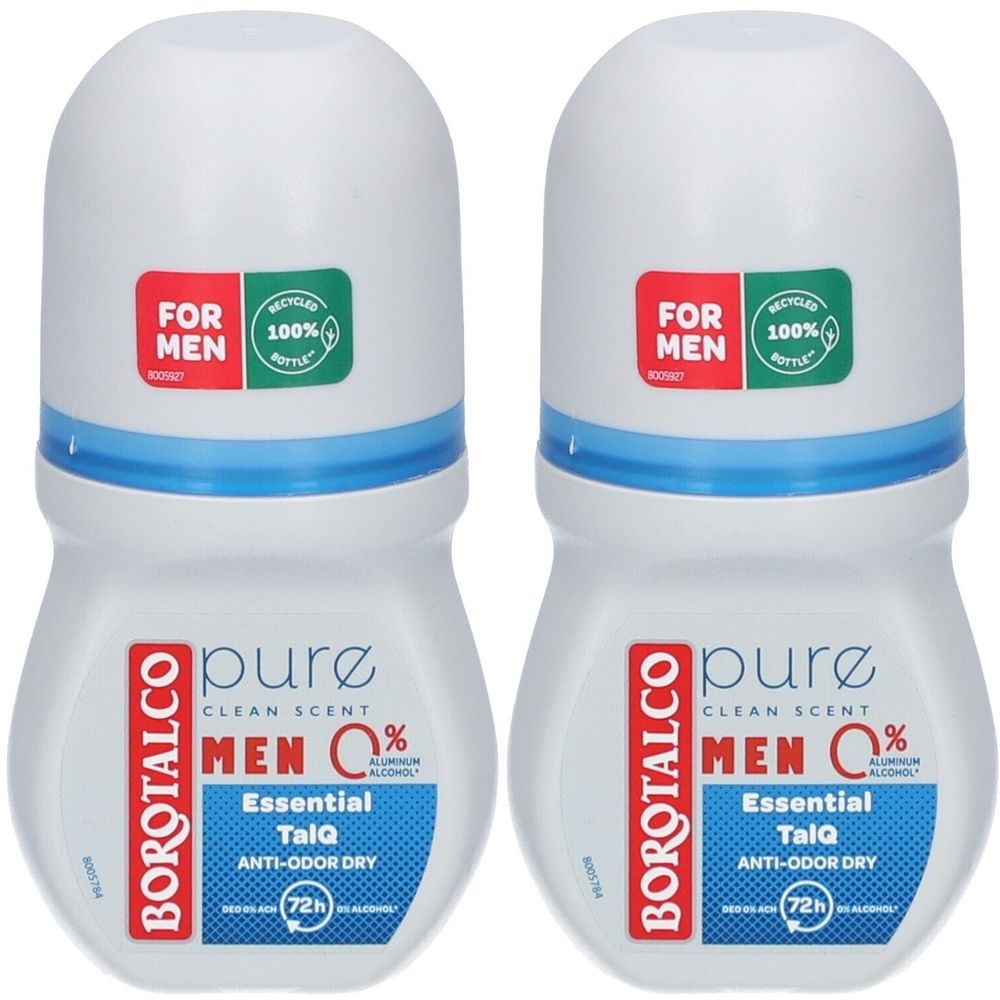 Twee witte roll-on deodorants. Opschriften: BOROTALCO, MEN 0%, Essential TalQ, Anti-Odor Dry. Labels: FOR MEN, 100% Recycled Bottle.