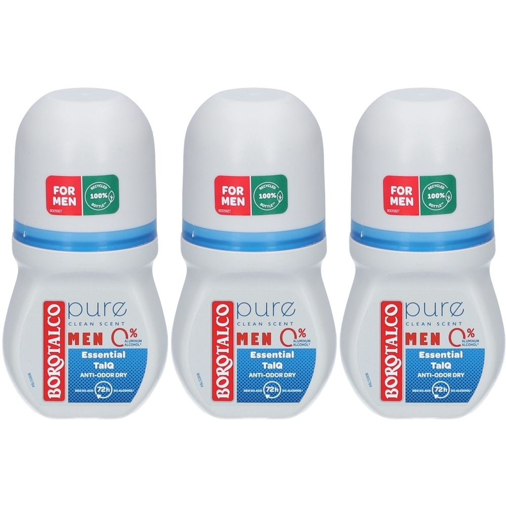 Drie roll-on deodorants. Witte flacons met blauwe accenten en witte doppen. Opschrift: BOROTALCO, pure, MEN, Essential, TalQ.