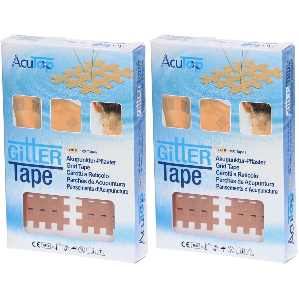 Twee verpakkingen Giller Tape. Opschrift: Giller Tape, Akupunktur-Pflaster, 120 Tapes. Toepassingsvoorbeelden worden getoond.